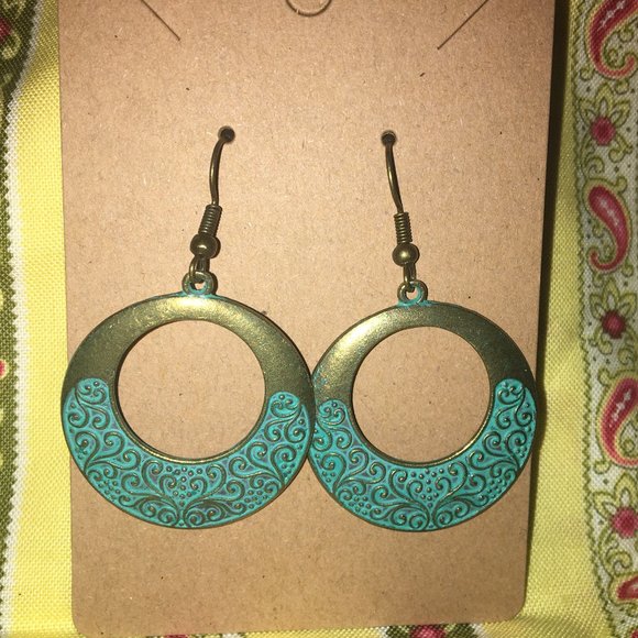 Jewelry - Vintage Hoop Bronze Bohemian Blue Stone Drop Earring NWOT